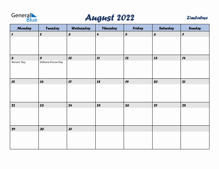 August 2022 Calendar with Holidays in Zimbabwe