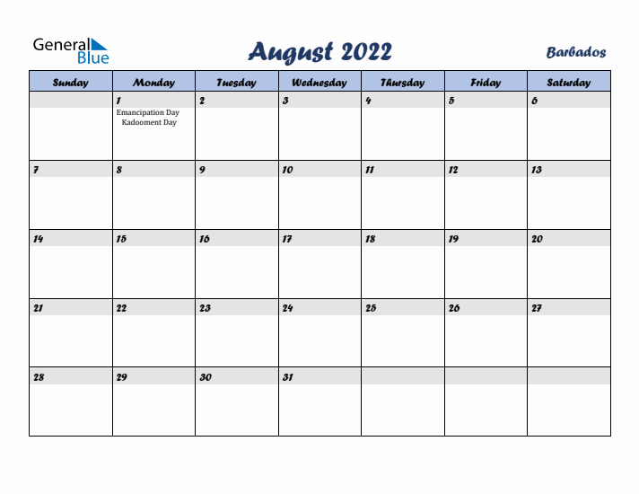 August 2022 Calendar with Holidays in Barbados