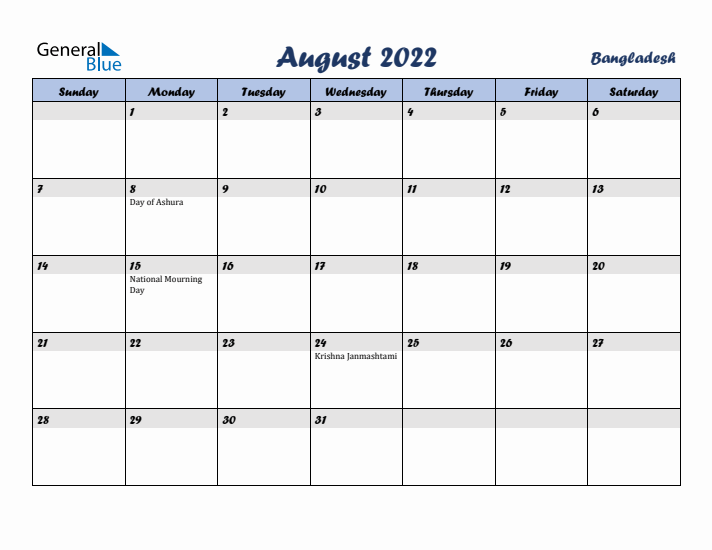 August 2022 Calendar with Holidays in Bangladesh