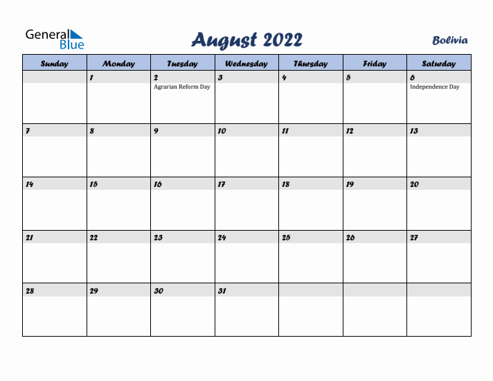 August 2022 Calendar with Holidays in Bolivia