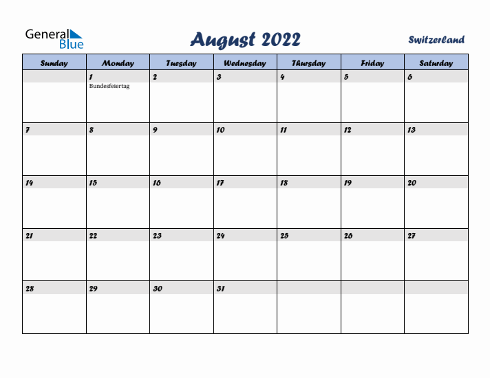 August 2022 Calendar with Holidays in Switzerland