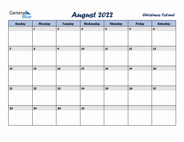 August 2022 Calendar with Holidays in Christmas Island