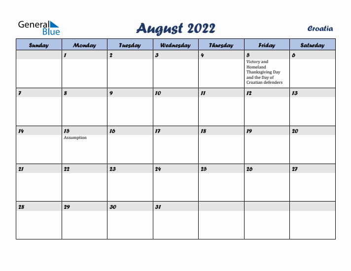 August 2022 Calendar with Holidays in Croatia