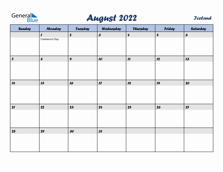 August 2022 Calendar with Holidays in Iceland