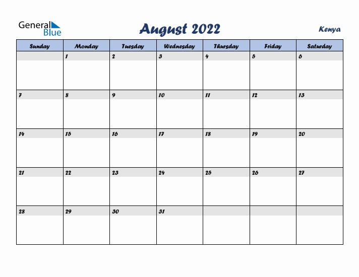 August 2022 Calendar with Holidays in Kenya