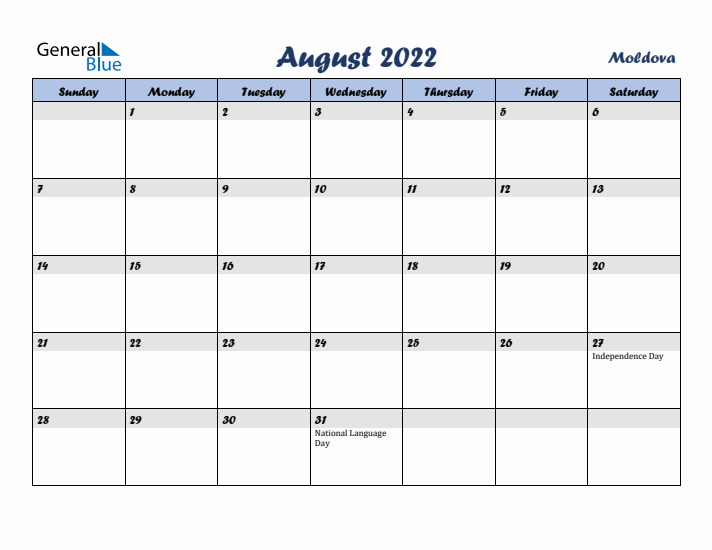 August 2022 Calendar with Holidays in Moldova