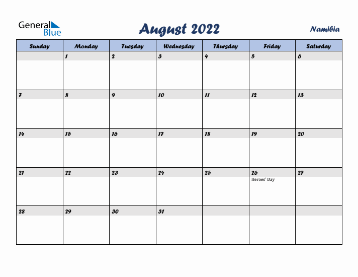 August 2022 Calendar with Holidays in Namibia