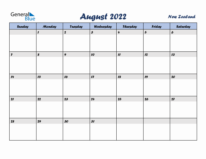 August 2022 Calendar with Holidays in New Zealand