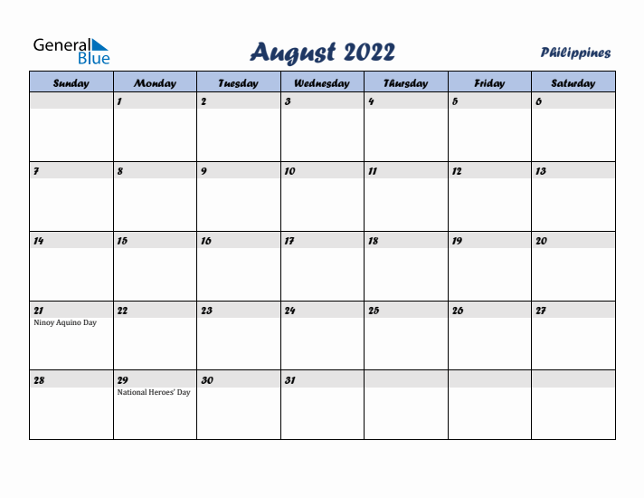 August 2022 Calendar with Holidays in Philippines