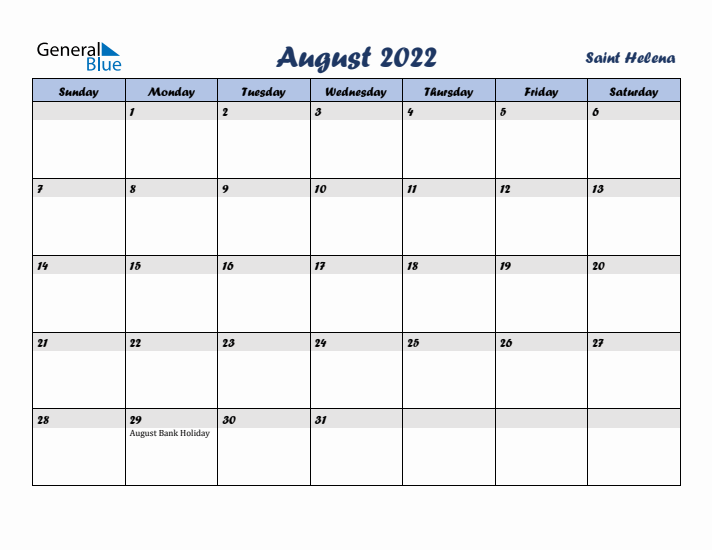 August 2022 Calendar with Holidays in Saint Helena