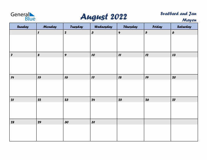 August 2022 Calendar with Holidays in Svalbard and Jan Mayen