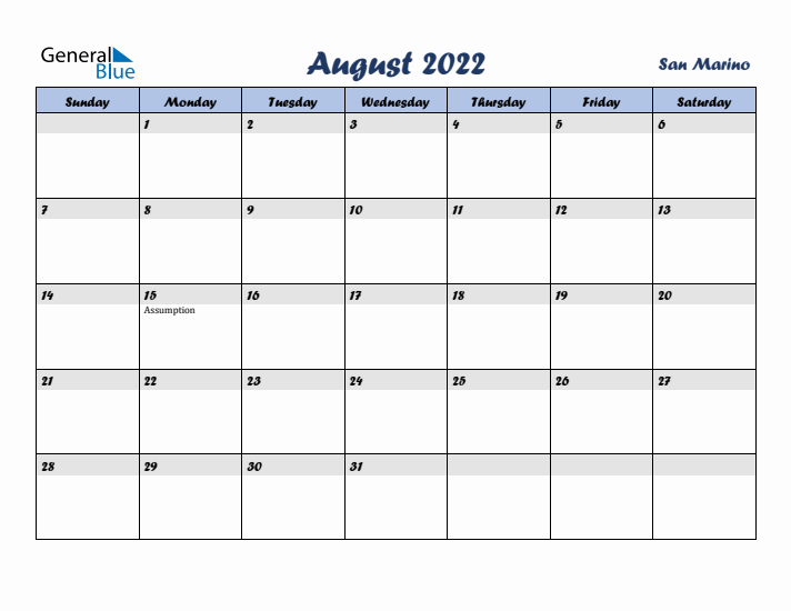 August 2022 Calendar with Holidays in San Marino