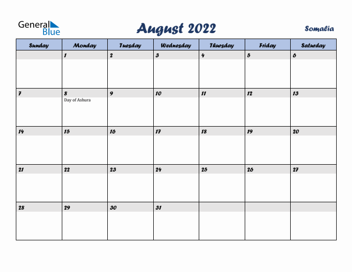 August 2022 Calendar with Holidays in Somalia