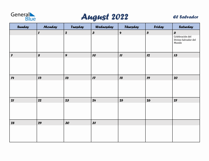 August 2022 Calendar with Holidays in El Salvador