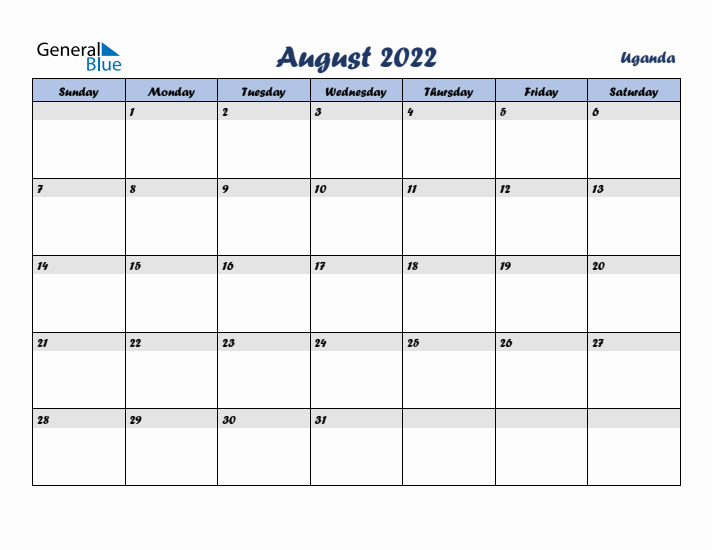 August 2022 Calendar with Holidays in Uganda