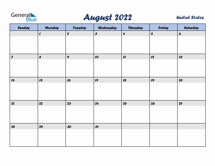 August 2022 Calendar with Holidays in United States