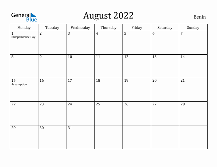 August 2022 Calendar Benin