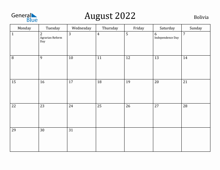 August 2022 Calendar Bolivia