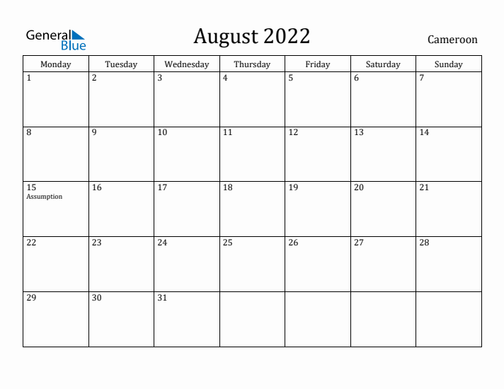 August 2022 Calendar Cameroon