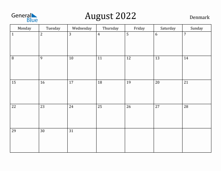 August 2022 Calendar Denmark