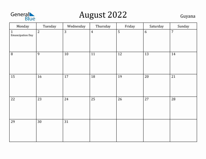 August 2022 Calendar Guyana