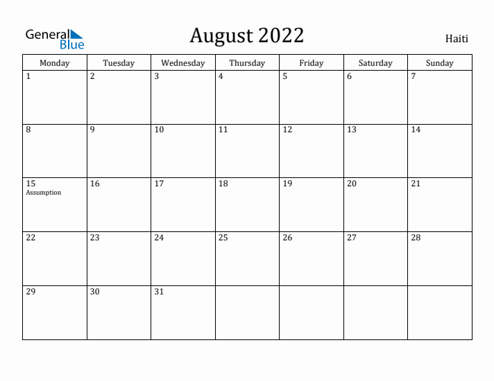 August 2022 Calendar Haiti