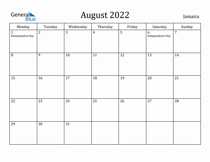 August 2022 Calendar Jamaica