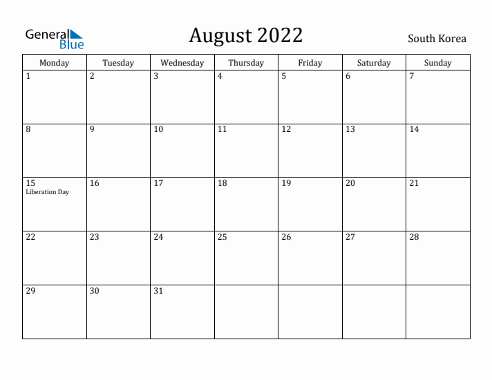 August 2022 Calendar South Korea