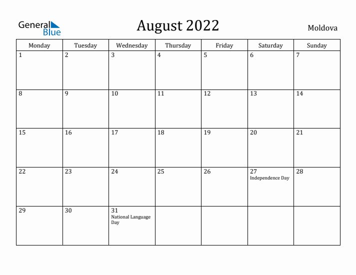 August 2022 Calendar Moldova