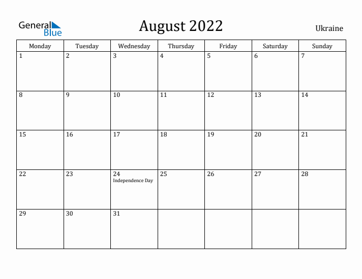 August 2022 Calendar Ukraine