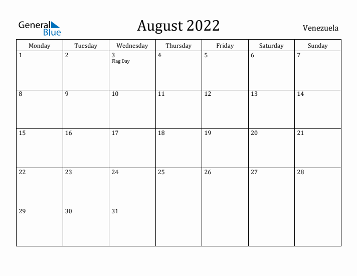 August 2022 Calendar Venezuela