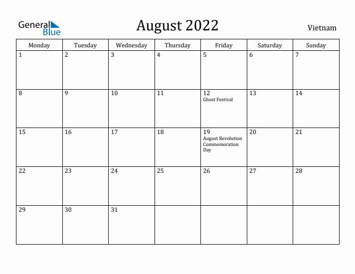 August 2022 Calendar Vietnam