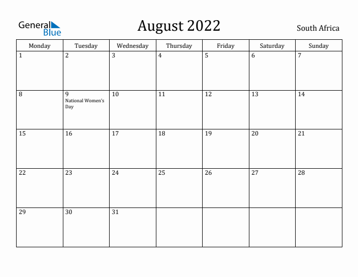 August 2022 Calendar South Africa