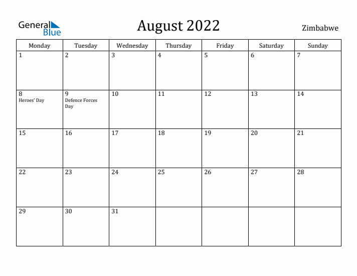 August 2022 Calendar Zimbabwe