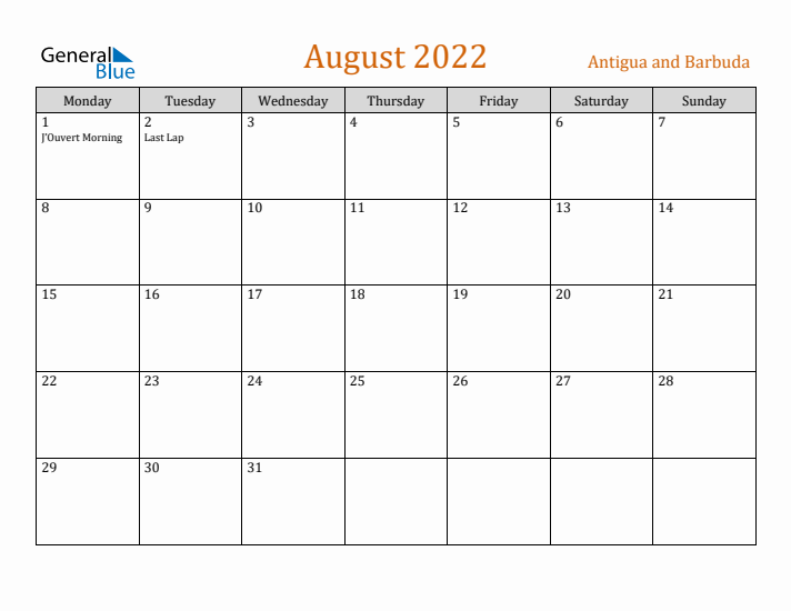 August 2022 Holiday Calendar with Monday Start