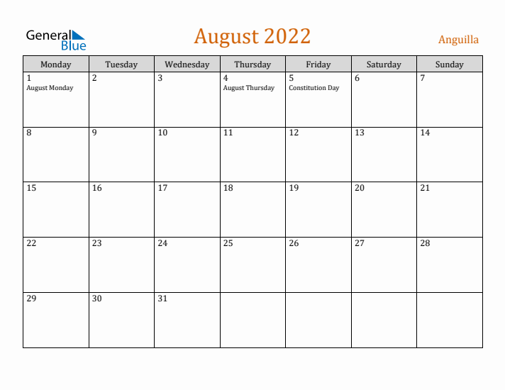 August 2022 Holiday Calendar with Monday Start