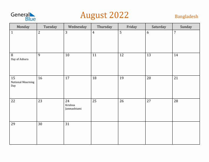 August 2022 Holiday Calendar with Monday Start