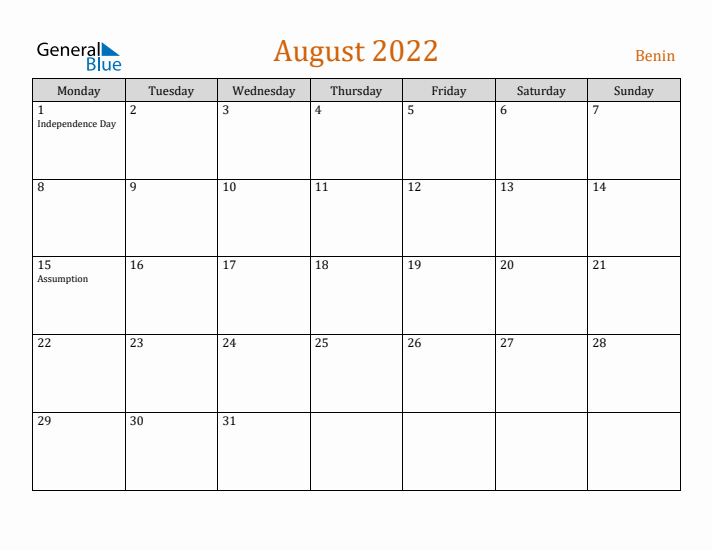 August 2022 Holiday Calendar with Monday Start