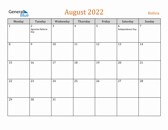 August 2022 Holiday Calendar with Monday Start