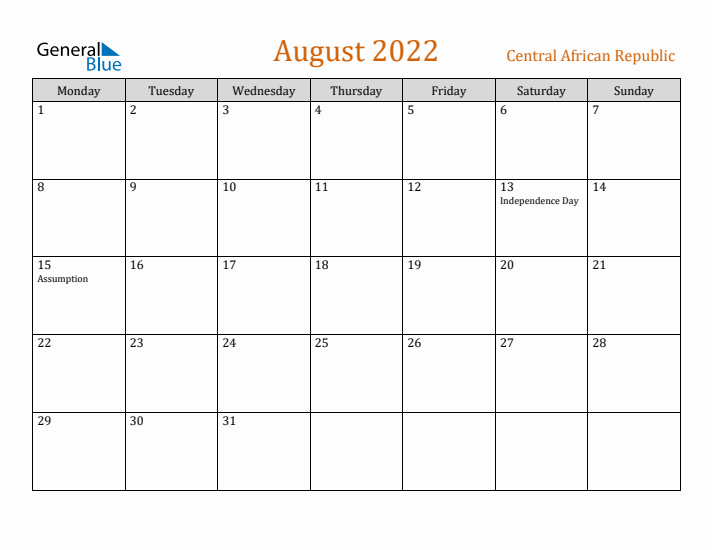 August 2022 Holiday Calendar with Monday Start