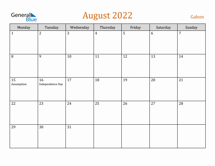 August 2022 Holiday Calendar with Monday Start