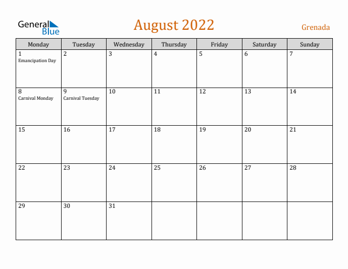 August 2022 Holiday Calendar with Monday Start