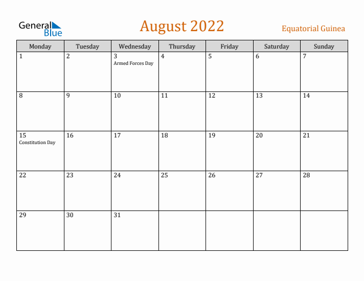 August 2022 Holiday Calendar with Monday Start