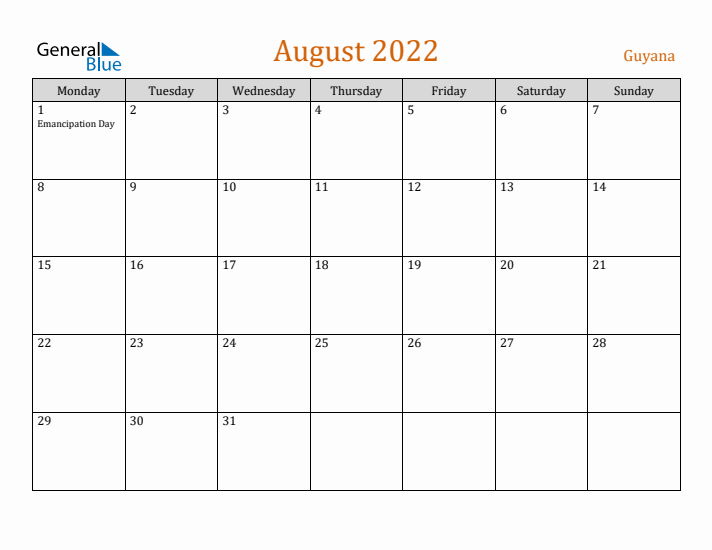 August 2022 Holiday Calendar with Monday Start