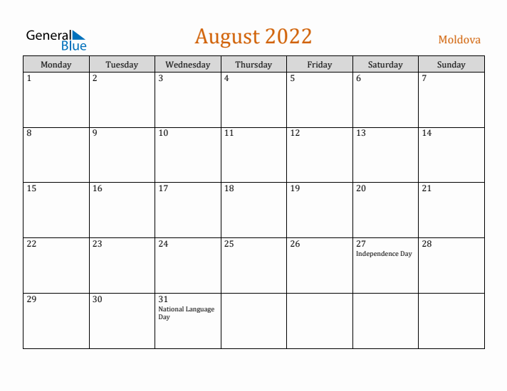 August 2022 Holiday Calendar with Monday Start