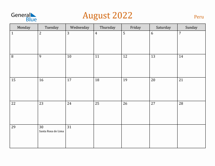 August 2022 Holiday Calendar with Monday Start