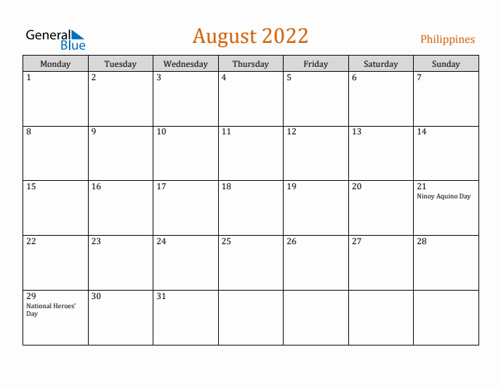 August 2022 Holiday Calendar with Monday Start