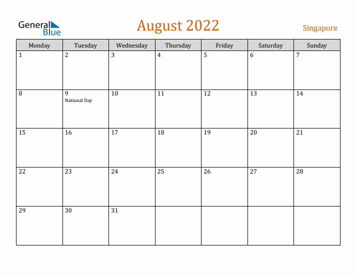 August 2022 Holiday Calendar with Monday Start