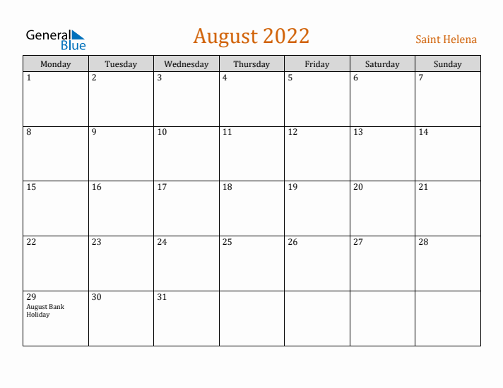 August 2022 Holiday Calendar with Monday Start