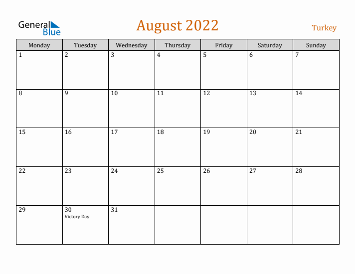 August 2022 Holiday Calendar with Monday Start